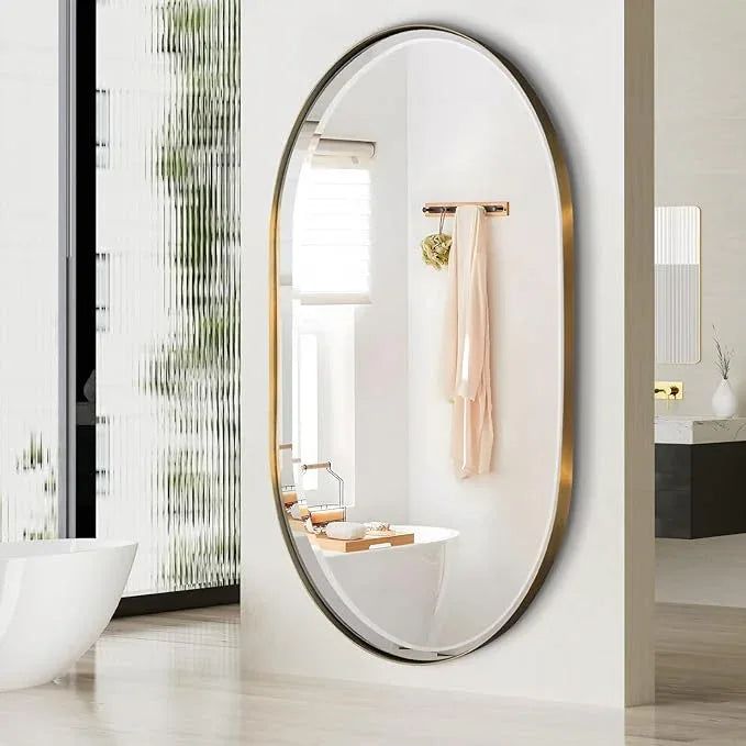 POZINO Gold Oval Mirror, Brass Beveled Mirror with Stainless Steel Frame, 28"x48" Large Rounded Rectangle Mirrors for Over Sink, Modern Oblong Vanity Wall Mirrors for Bathroom Bedroom Living Room - ModernBath