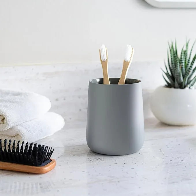 Yew Design Matte Gray Toothbrush and Toothpaste Holder and Cup for Bathroom Vanity and Countertop, Round Organizer for Electric Toothbrushes, Floss, Razors, Cotton, and Mouthwash - ModernBath
