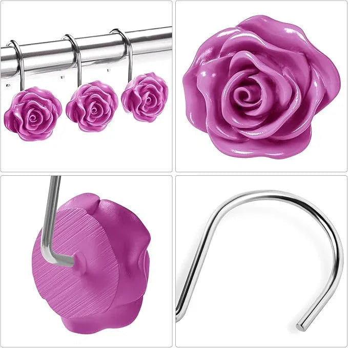 Litabel Rose Flower Shower Curtain Hooks 12PCS,Home Decorative Burgundy Rose Shower Curtain Hooks Metal Rustproof Cute Rose Flower Shower Hooks Rings Bathroom Shower Rods Decoration Accessories - ModernBath