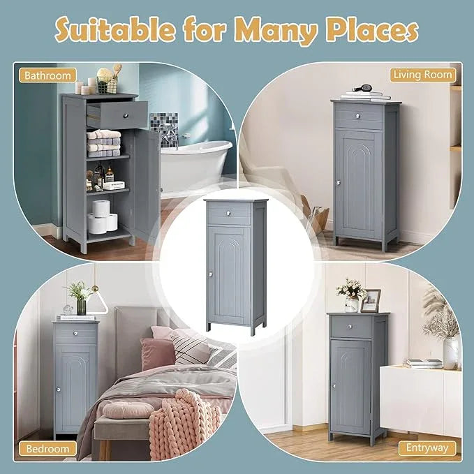 COSTWAY Bathroom Storage Cabinet, Single Door Floor Cabinet with Drawer and 3-Level Adjustable Shelves, Modern Side Storage Organizer with Anti-Tipping Device for Living Room, Bedroom (Gray) - ModernBath