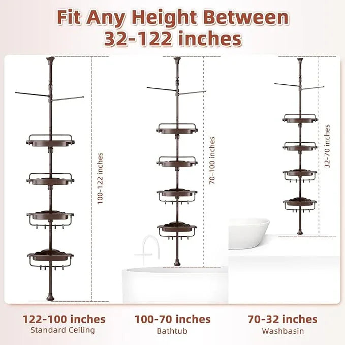 32-122inch Corner Shower Caddy Tension Pole Brown, Rustproof Drill-Free Shower Shelves for Bathroom Bathtub Washbasin, Adjustable Shower Organizer with 4 Tier Patent Stable Shelves & Towel Bars - ModernBath