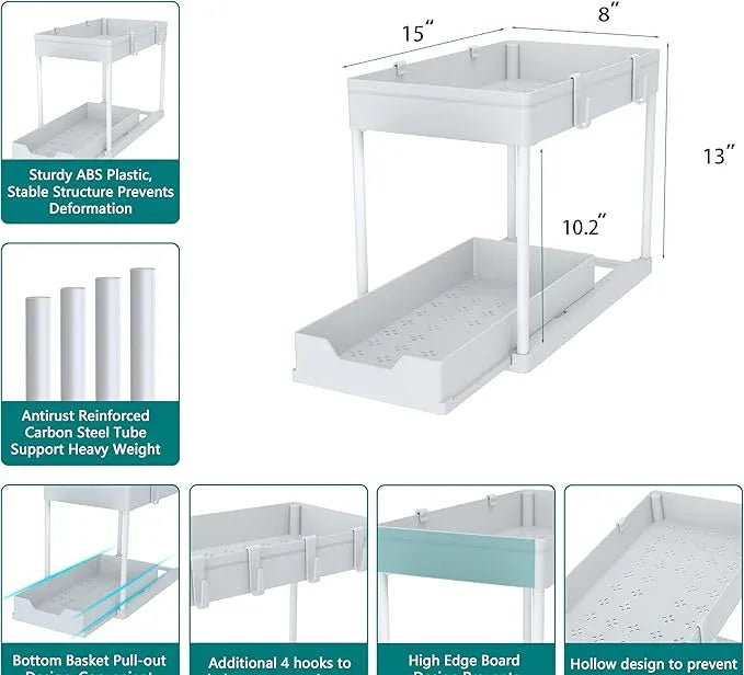 DEKAVA Cabinet, 2 Pack Under Sink Organizer, 2 Tier Sliding Bathroom Kitchen Organizer, Large White ABS Baskets, Easy Install & Clean - ModernBath