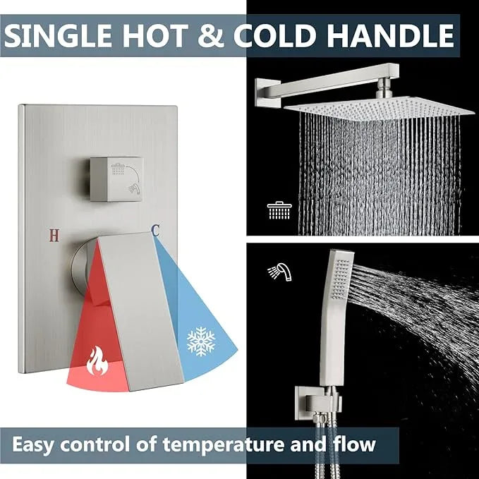 Aolemi Shower Faucet Set Rain Shower System with Handheld Spray Bathroom Shower Combo Rough-in Valve and Shower Trim Kit Included Brushed Nickel 16 Inch Wall Mount Shower Head - ModernBath