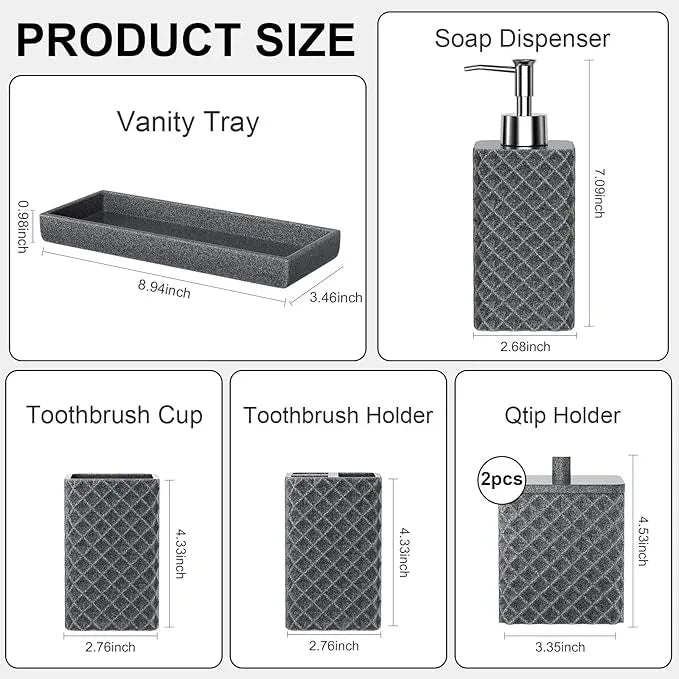 Bathroom Accessories Set Resin 6PCS, Square Toothbrush Holders Set Complete with Soap Dispenser, Vanity Tray, Tumbler, Cups and Cotton Swab Jars (Gray Diamond, Resin Bath 6 PCS) - ModernBath