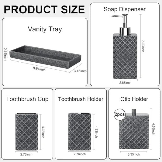 Bathroom Accessories Set Resin 6PCS, Square Toothbrush Holders Set Complete with Soap Dispenser, Vanity Tray, Tumbler, Cups and Cotton Swab Jars (Gray Diamond, Resin Bath 6 PCS) - ModernBath
