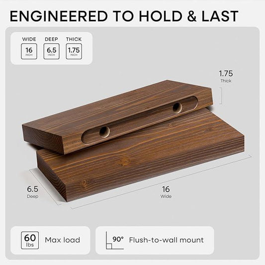 Homeforia Classic Walnut 16 inch Floating Shelf, High End Solid Real Wood Small 16inch Floating Shelves for Wall Mounted, 16in Floating Shelves, Heavy Duty Bracket, 16 X 6.5 X 1.75 inches, Set of 2 - ModernBath