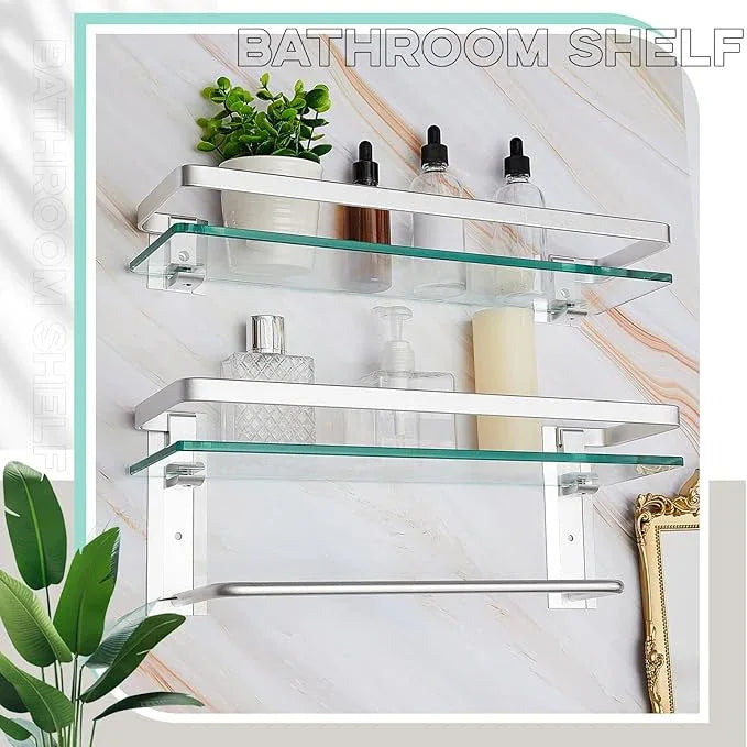 Suzile Set of 2 Glass Bathroom Shelves with Bar, Wall Mounted 15.7 x 4.7 Inches, Bathroom Shelves Hanging Modern Floating Shelf Metal Stick Room Rustproof Organizer Decorative(Silver) - ModernBath