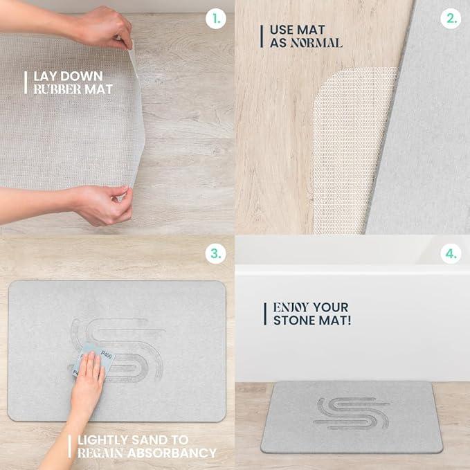 ANGORA BRANDS Stone Bath Mat 23.6" x 15.4" – Diatomaceous Earth Bath Mat, Non-Slip & Quick-Dry, Super Absorbent, Easy to Clean, Gray Minimalist Stone Bath Mats for Bathroom by Your Wright Stuff - ModernBath