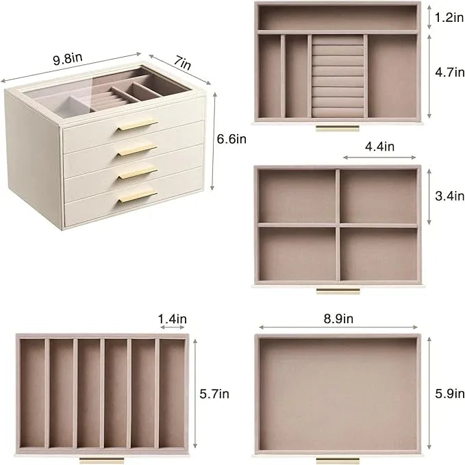 pickpiff Jewelry Box Organizer Case for Women: 4-Layer Jewelry Storage Case with Glass Window, Ivory Leather with Pink Velvet, Holder for Ring Necklace Bracelet Brooch Watch, Great Gift for Her - ModernBath