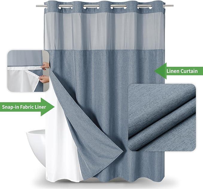 eachope Long No Hooks Needed Linen Textured Shower Curtain with Snap-in Fabric Liner Set,Blue Grey Hotel Luxury Decor Shower Curtains for Bathroom,Waterproof & Washable,71Wx80H - ModernBath