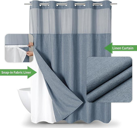 eachope No Hooks Needed Linen Textured Shower Curtain with Snap-in Fabric Liner Set,Blue Grey Hotel Luxury Decor Shower Curtains for Bathroom with Mesh Top Window,Waterproof & Washable,71Wx74H - ModernBath
