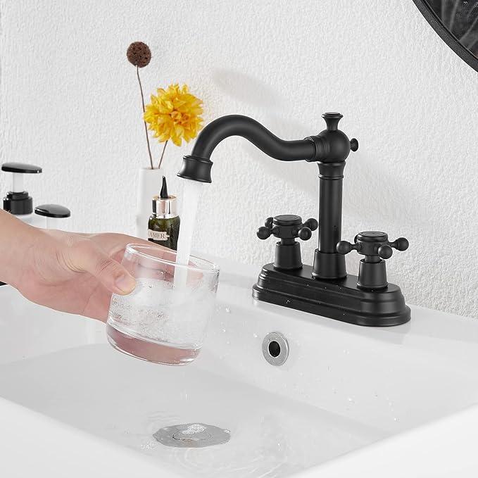 Bathroom Faucet Matte Black GGStudy 2 Handles 4 Inches Centerset Bathroom Vanity with Drain Assembly and Supply Hose Lavatory Faucet Mixer Double Handle Tap - ModernBath