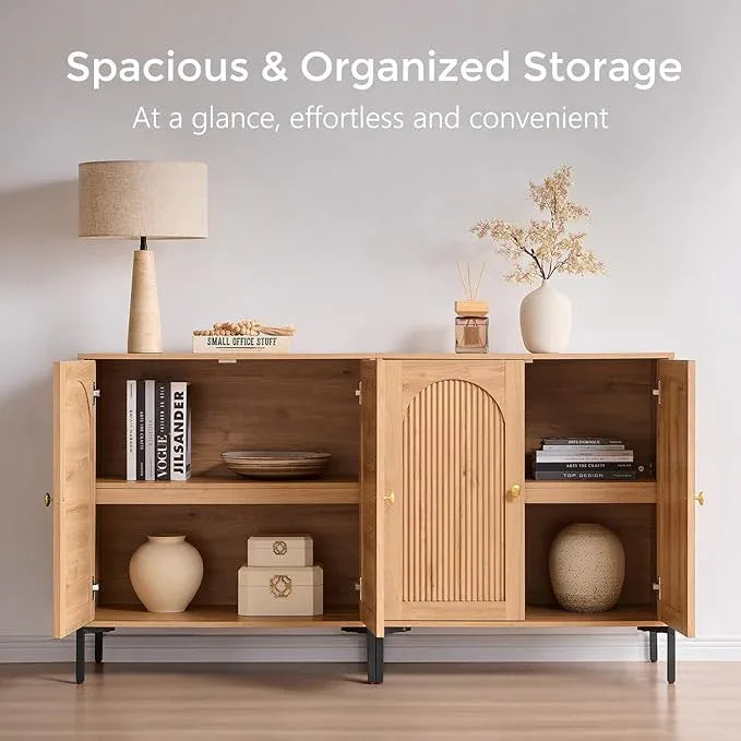 Bathroom Cabinet with Storage, 123.5" W Fluted Arched Free Standing Floor Cabinet w/Adjustable Shelves, Modern Sideboard Cabinet for Bathroom, Kitchen, Living Room, Entryway, Natural - ModernBath