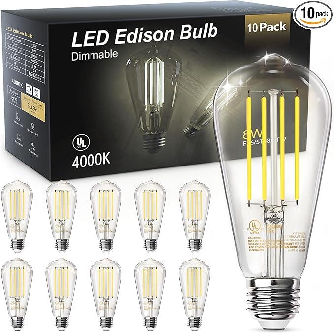 TJOY 10 Pack E26 Base Vintage LED Edison Light Bulbs, 60W Equivalent Dimmable, 4000K Natural White, 8W ST58 LED Filament Bulbs, 800Lumens, CRI80+, Antique Glass Style for Home, Bedroom, Farmhouse - ModernBath