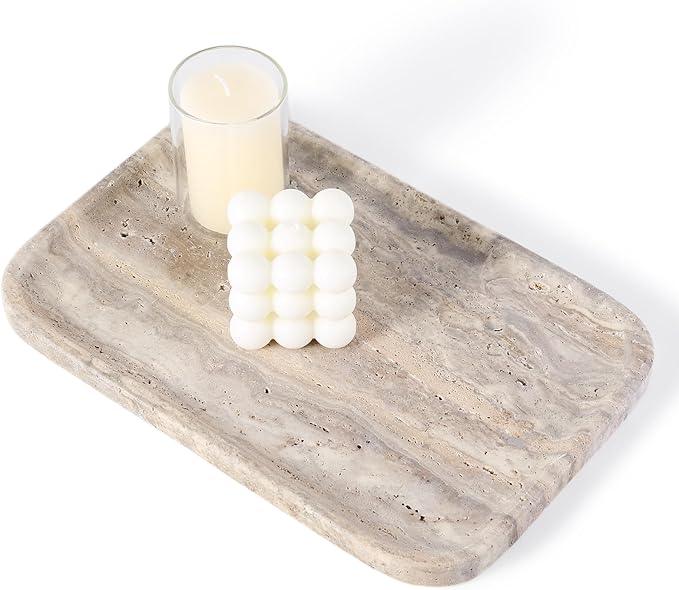 Karibiber Marble Vanity Trays, Travertine Bathroom Tray, Decorative Tray for Dresser Countertop, Grey Stone Serving Holder for Kitchen, Storage Trays for Perfume, Jewelry Candle Organizer - ModernBath