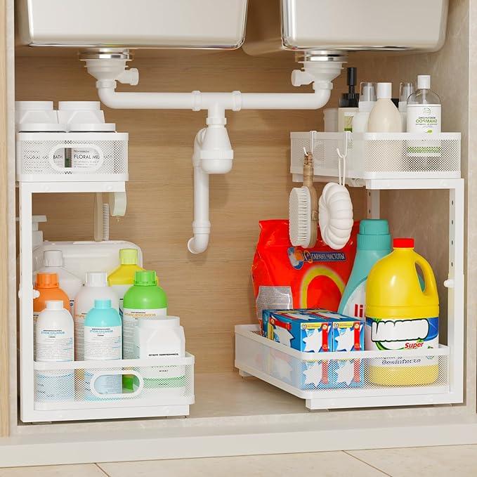 Under Sink Organizer 1 Pack, 2-Tier Slide Out Cabinet Organizer with Metal Sliding Drawer and Hooks, Pull Out Storage Baskets for Kitchen Bathroom Pantry Cabinet Organization (White (1 pack)) - ModernBath