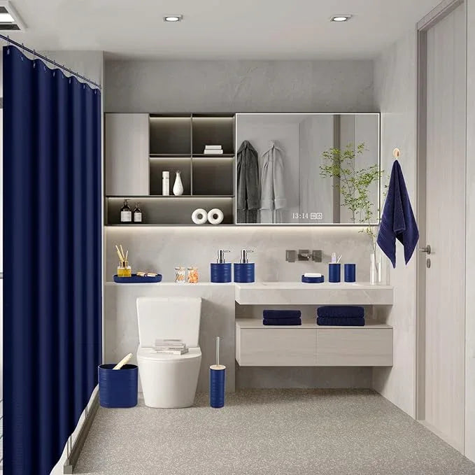 XLHOMO Navy Blue Bathroom Set, Bathroom Accessories Set with Shower Curtain, Bath Towel Set, Blue Shower Curtain Set with Bathroom Trash Can, Soap Dispenser, Soap Dish for Home Decor - ModernBath