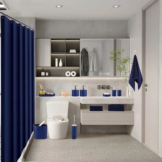 XLHOMO Navy Blue Bathroom Set, Bathroom Accessories Set with Shower Curtain, Bath Towel Set, Blue Shower Curtain Set with Bathroom Trash Can, Soap Dispenser, Soap Dish for Home Decor - ModernBath