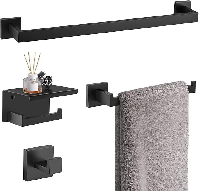 TURS Bathroom Hardware Set Black 4-Piece Towel Bar Set Include 24 Inch Towel Bar Hand Towel Holder Towel Hook Toilet Paper Holder with Shelf Wall Mounted Stainless Steel Bathroom Accessories Set - ModernBath