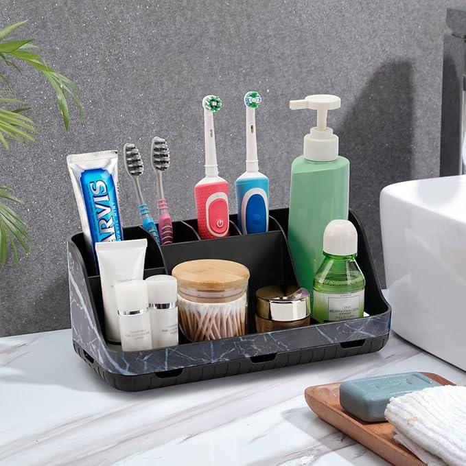 GFWARE Marble Black Toothbrush Holders for Bathrooms - Detachable 7 Slots Bathroom Organizer Countertop Matte Black Electric Toothbrush and Toothpaste Holder for Bathroom Counter Vanity Sink Storage - ModernBath