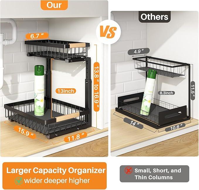 PXRACK 1 Pack Under Sink Organizer,Adjustable Height,2 Tier Pull Out Under Cabinet Organizer,Slide Out Thickened Metal Under Sink Storage for Kitchen Bathroom Laundry Cabinet Pantry,Black(L) - ModernBath