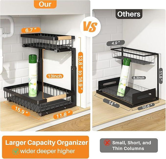 PXRACK 1 Pack Under Sink Organizer,Adjustable Height,2 Tier Pull Out Under Cabinet Organizer,Slide Out Thickened Metal Under Sink Storage for Kitchen Bathroom Laundry Cabinet Pantry,Black(L) - ModernBath
