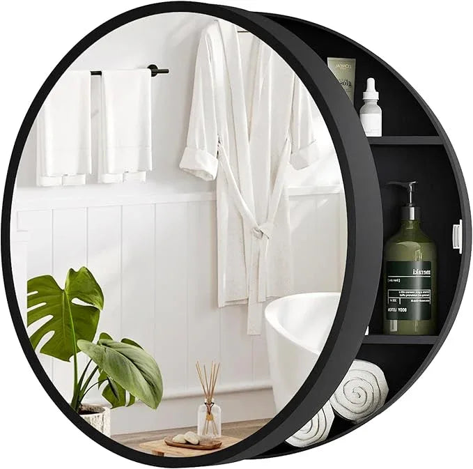 SUNWAVE 20 Inch Round Black Medicine Cabinet with Mirror, Modern Wall Mounted Vanity Cabinet for Bathroom, Circle Bathroom Mirror with Storage, Space-Saving Wood Cabinet (Black, 20 Inch) - ModernBath