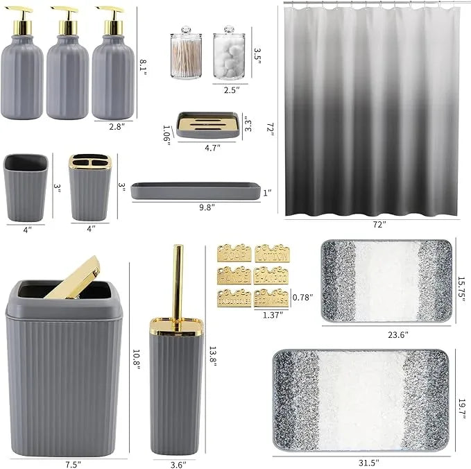 WSBArt 32PCS Bathroom Set Bathroom Sets with Shower Curtain and Rugs Grey Bathroom Accessories,Shower Curtain Set,Bathroom Rug Set with Bathroom Trash Can - ModernBath