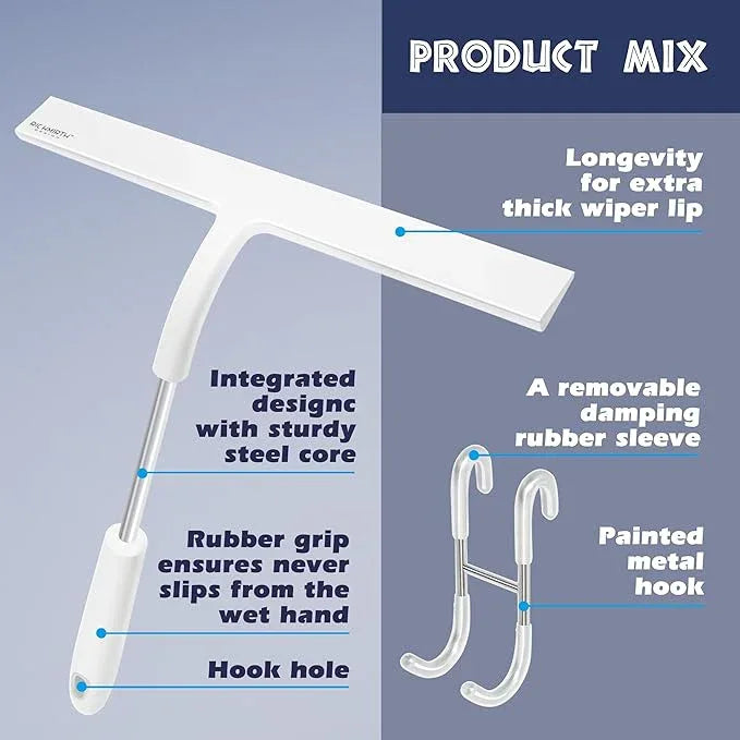 12 Inch Silicone Shower Squeegee for Glass Doors with Hook – Streak-Free Window Cleaner for Bathroom, Mirror, Tile & Car, No Scratch Squeegee with Metal Core - ModernBath