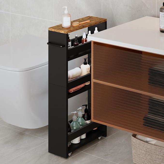 MARTY Rolling Storage Cart 4-Tier Black Kitchen Cart with Wheels, Slim Storage Cart with Handle Slide Out Utility Cart Shelving Unit Organizer Trolley for Laundry Narrow Places Bathroom Small Corner - ModernBath