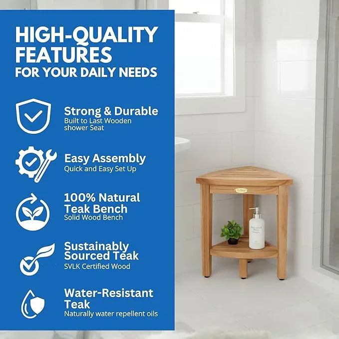 EcoDecors Snazzy Corner Waterproof Teak Wood Shower Bench Stool Seat Chair For Inside Shower Provides Safety, Storage, and Organization For Bathroom Accessories - ModernBath