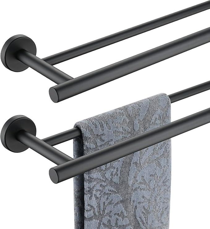 JQK Black Double Towel Bar, 20.5 Inch 304 Stainless Steel Thicken 0.8mm Towel Rack Bathroom, Towel Holder Matte Black Wall Mount, Useable Length 18 Inch 2 Pack, TB100L18-PB-P2 - ModernBath