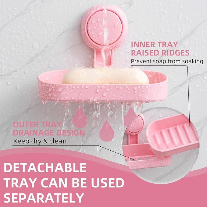 LEVERLOC Soap Dish Holder for Shower Suction Cup Wall Mounted Self Draining NO-Drilling Removable Bar Soap Sponge Holder for Bathroom Bathtub Kitchen Sink Waterproof Strong Vacuum Suction, Pink - ModernBath