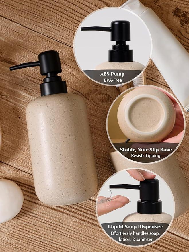 INGOFIN 3 Pcs Ceramic Bathroom Accessory Set - Liquid Soap Dispenser, Toothbrush Holder & Tray, Bathroom Counter Set, Countertop Essentials for Home, Guest Bathroom, or Office Use, Beige - ModernBath