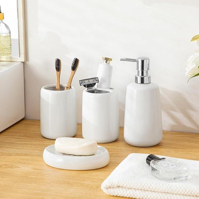 vancasso White Bathroom Accessories Set, Ceramic Soap Dispenser and Toothbrush Holder Sets, Stoneware 4 Pcs Bathroom Sink Set for Modern Home Decor - ModernBath
