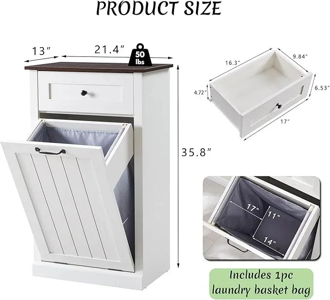 Tilt Out Laundry Hamper Cabinet, 10 Gallon Farmhouse Trash Can Cabinet with Drawer, Hidden Wood Garbage Can Bin Cabinet with Laundry Storage Basket for Bathroom, Kitchen, Antique White - ModernBath