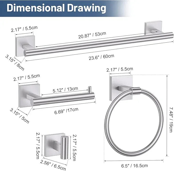 TURS Brushed Nickel 5-Pieces Bathroom Hardware Set SUS304 Stainless Steel Towel Bar Set Wall Mounted 23.6 Inch Towel Racks for Bathroom Squared - ModernBath