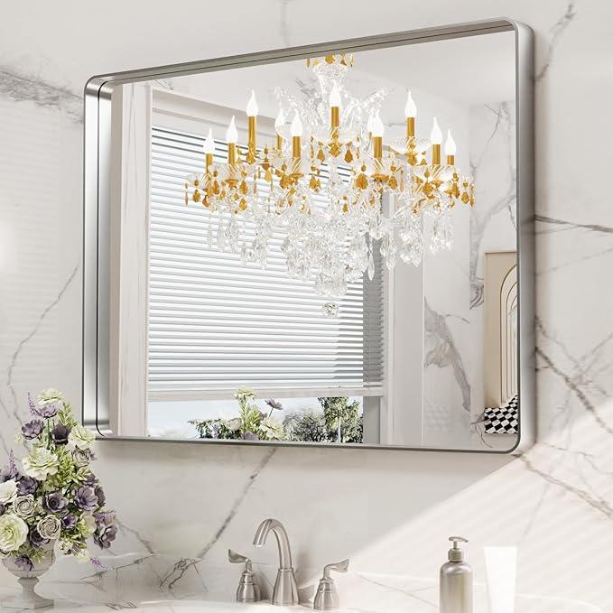 LOAAO 40X32 Inch Brushed Nickel Bathroom Mirror, Rounded Rectangle Silver Metal Frame Mirror, Brushed Nickel, Anti-Rust, Shatter Proof, Hangs Horizontally or Vertically - ModernBath