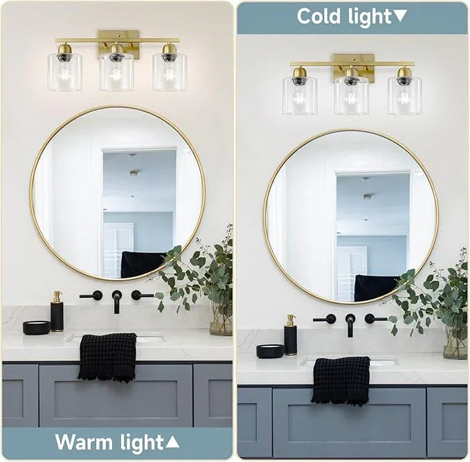 FAISHILAN Modern Brushed Gold 3 Light Bathroom Light Fixtures, 19 inch Vanity Lights for Bathroom with Clear Glass, Bathroom Lighting Fixtures Over Mirror for Mirror Kitchen Living Room - ModernBath
