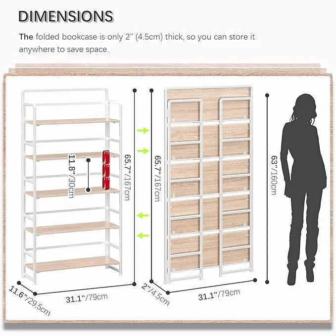 4NM No Assembly Extra Wide 5 Tiers Folding Bookshelf Storage Shelves Vintage Bookcase Standing Racks Study Organizer Home Office (Natural White) - ModernBath