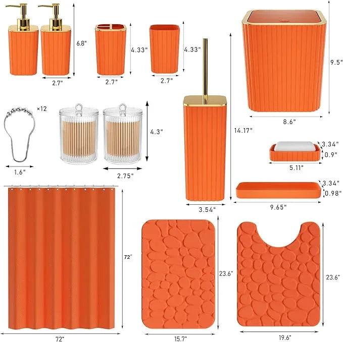XLHOMO Bathroom Accessories Set - 25PC Bathroom Sets with Shower Curtain and Rugs, Orange Bathroom Accessories with Trash Can, Soap Dispenser, Soap Dish & Toilet Brush - ModernBath