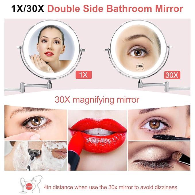 FUNTOUCH 5000mAh Rechargeable Wall Mounted Lighted Makeup Vanity Mirrors, Double Sided 1X 30X Magnifying, 3 Color Lighting, Touch Screen Dimming, Extended Arm 360 Rotation Shaving Bathroom Mirror - ModernBath