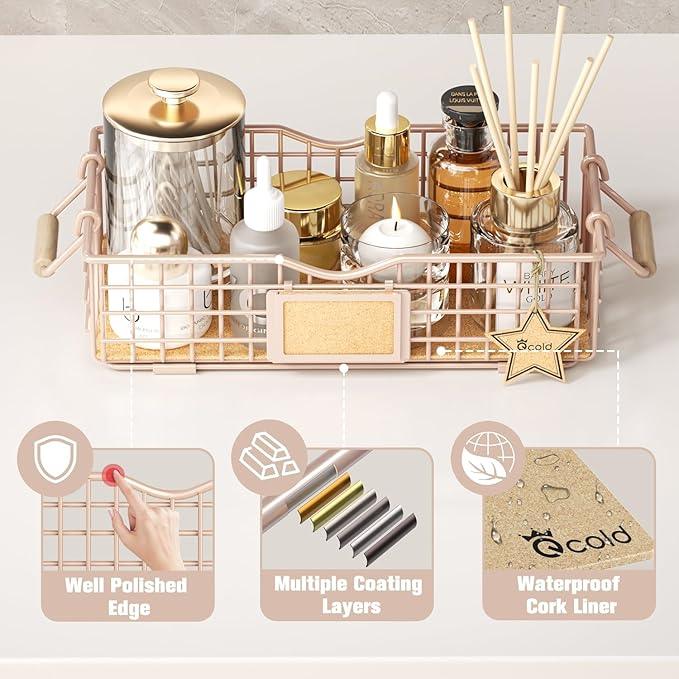 Bathroom Storage Basket with Handle, Home Decor Organizer - Bathroom Organizers and Storage - Exquisite Vanity Tray for Skincare - Counter Tray for Organizing - Pink - ModernBath
