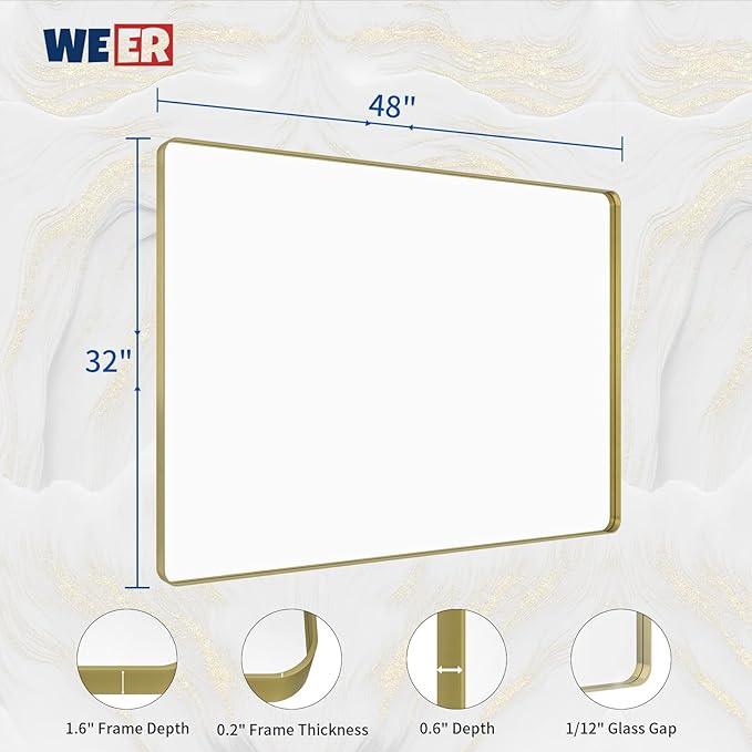 WEER Gold Bathroom Mirror, 48X32 Inch Brushed Gold Metal Frame Mirror, Rounded Rectangle Gold Bathroom Vanity Mirror for Wall, Tempered Glass, Anti-Rust, Hangs Horizontally or Vertically - ModernBath