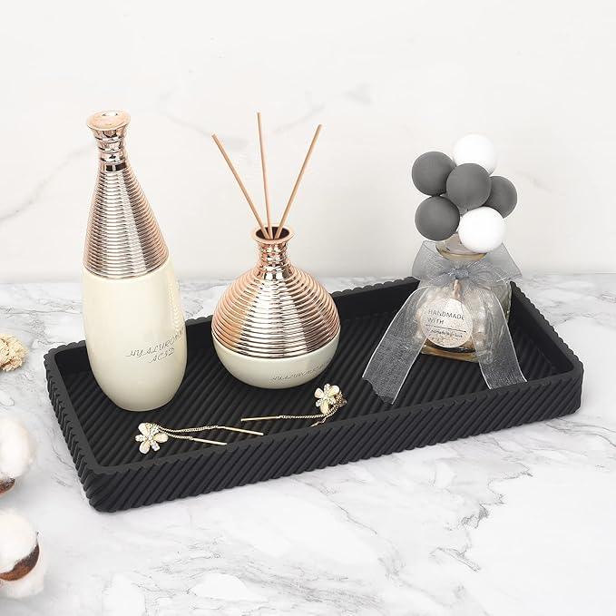 Black Bathroom Accessories Set 4 Pcs - Toothbrush Holder,Lotion Soap Dispenser,Qtip Holder Dispenser,Vanity Tray for Countertop Vanity Organizer,Bathroom Accessory Set - ModernBath