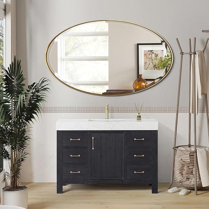POZINO Brushed Gold Beveled Mirror, 28"x48" Large Brass Oval Mirrors, Bathroom Mirror for Over Sink, Modern Rounded Vanity Wall Mirrors in Premium Stainless Steel Frame, Hangs Horizontal Or Vertical - ModernBath
