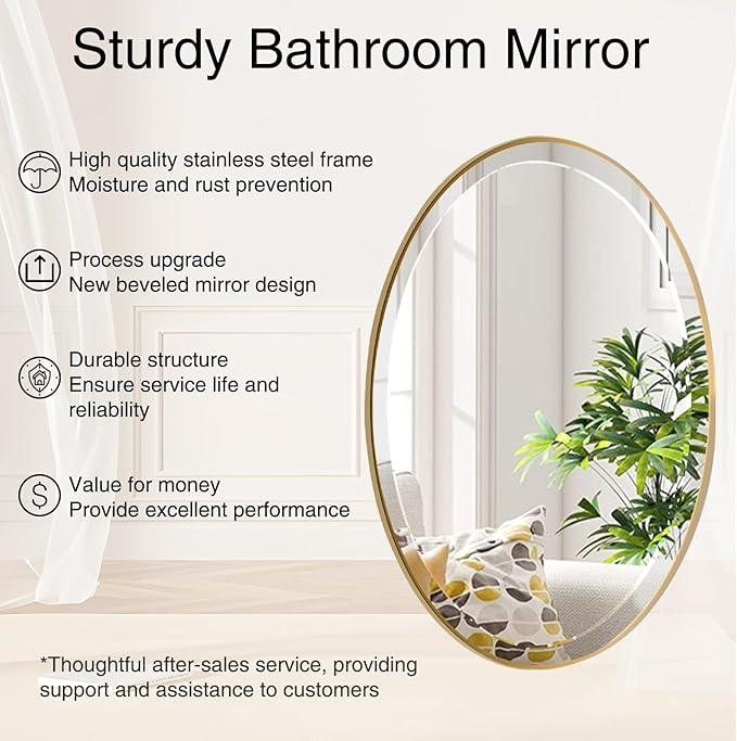 POZINO Vanity Beveled Mirrors, 22"x30" Oval Mirror for Over Sink, Modern Brass Mirror with Stainless Steel Frame, Brush Gold Rounded Mirrors for Bathroom Bedroom Living Room, Horizontal Or Vertical ﻿ - ModernBath