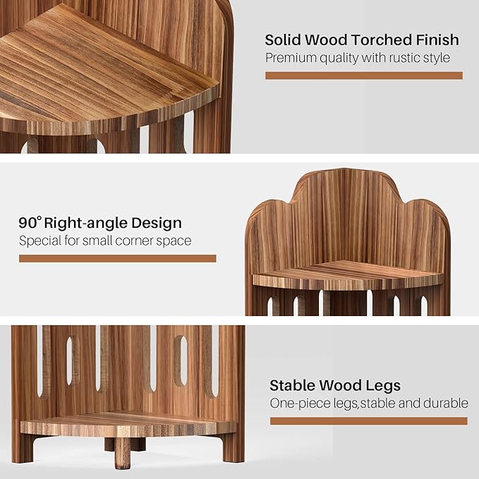 Meangood Bathroom Corner Shelf Stand, 3 Tier Pine Wood Display Shelf for Narrow Space, Shower Corner Shelf, Plant Stand Nightstand, for Living Room, Bedroom, Home Office, Elegant