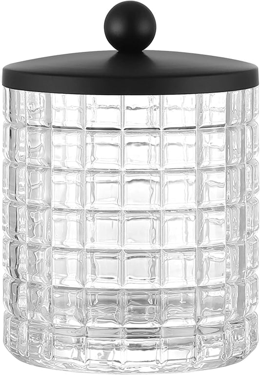 Indecor Home Glass Cotton Jar Holder Matte Black Lid, Elegant Bathroom Storage Canister for Qtips, Cotton Balls, Floss, Makeup Organizer, Vanity Bathroom Organization