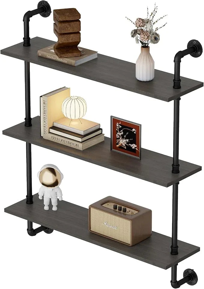 3-Tier Industrial Pipe Floating Shelf – Rustic 36 inch Wood Wall-Mounted Storage Shelf for Kitchen Office,Bathroom & Home Decor -Black - ModernBath